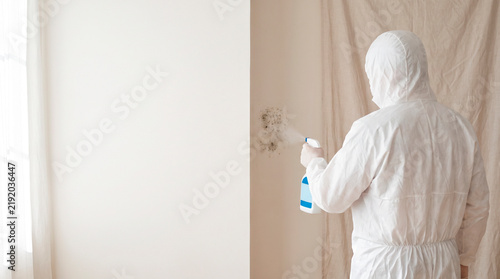 Professional Mold Remediation Specialist in Protective Suit Spraying Antifungal Treatment on Mold-Covered Wall