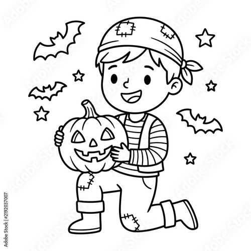 Happy boy coloring Halloween pumpkin with bats and stars around  