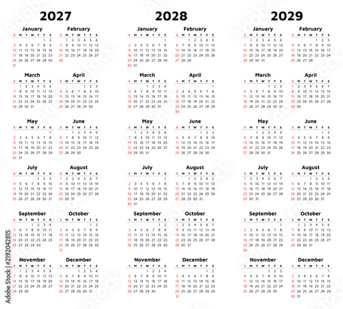 Calendar for 2027, 2028 2029 year