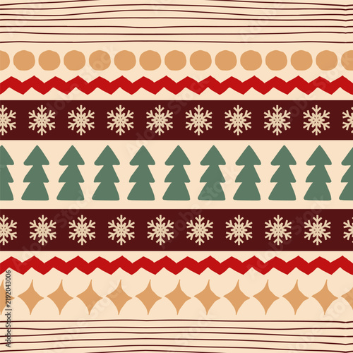 Vector geometric seamless pattern with Christmas trees and snowflakes.