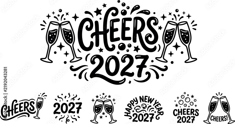 Fototapeta premium Floral ornament with champagne glasses and celebratory text for new year 2027