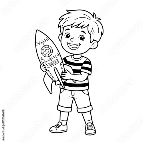 Young boy holding a rocket illustration for children's coloring  