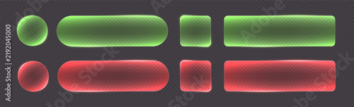 Transparent glass buttons, green and red clear banners. Glowing futuristic interface templates for web design. Vector illustration.
