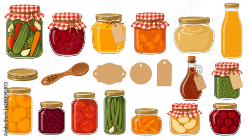 Autumn canning jars vector set filled with preserves, pickles, and jam, demonstrating cozy harvest storage concepts