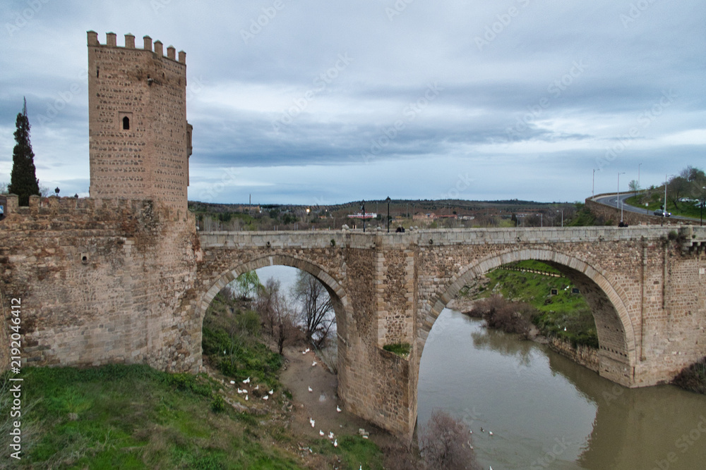 Obraz premium Historic Bridge and Tower Over Tagus Riv - Panoramic view of the iconic Puente de San Martín, a medieval arch bridge, and its fortified tower spanning the Tagus River in Toledo, Spain