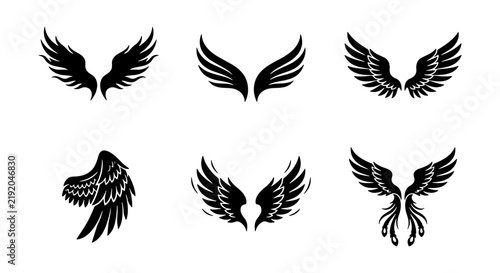 Six Black Angel Wings Icons, Vector Set, Feathered Wing Graphics for Tattoos and Emblems