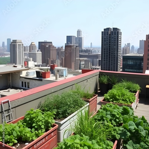 A rooftop urban garden overflowing with fresh herbs, growing in repurposed containers.