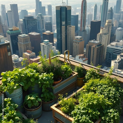 A rooftop urban garden overflowing with fresh herbs, growing in repurposed containers.