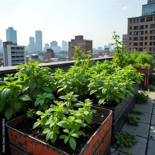 A rooftop urban garden overflowing with fresh herbs, growing in repurposed containers.