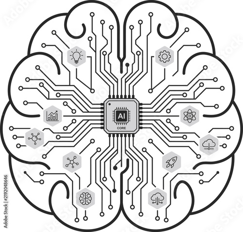Stylized human brain graphic with integrated digital circuit patterns on a clean background