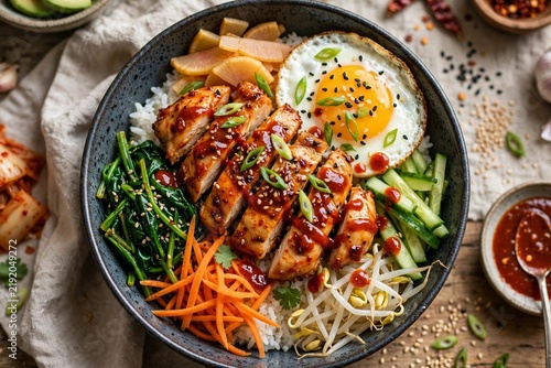 Healthy Korean Chicken Bowl Bibimbap Style Rice Vegetables Egg