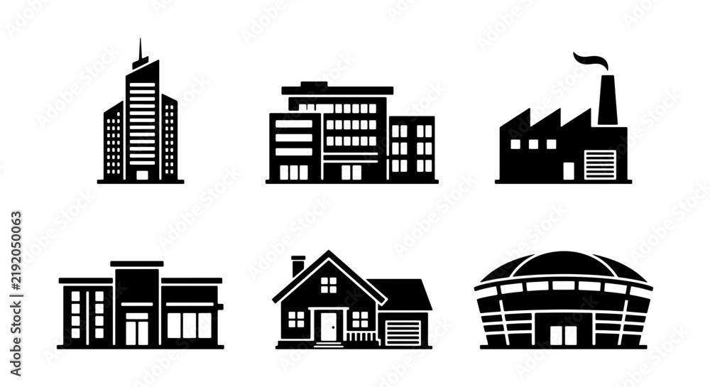 Fototapeta premium Modern City Buildings, Industrial Factory, Residential House, Sports Arena Icons Set