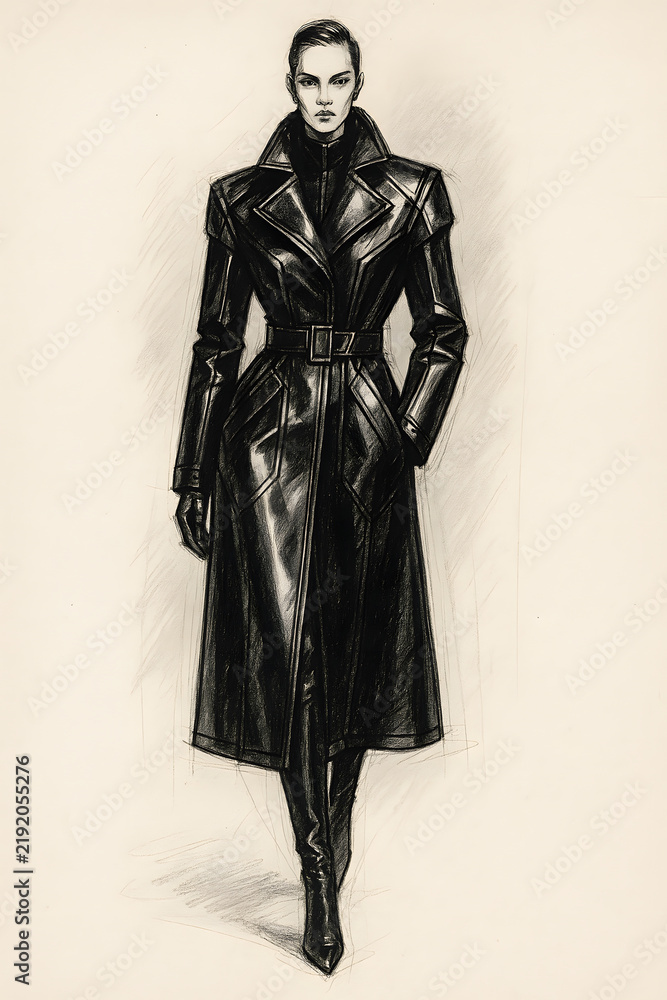 Fototapeta premium Black Leather Trench Coat Avant Garde Fashion Sketch