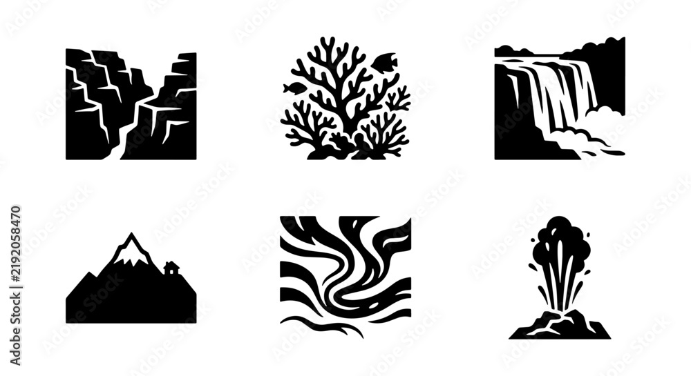 Fototapeta premium Nature Landscape Icons Set: Mountains, Waterfall, Canyon, Coral Reef, Volcano, River