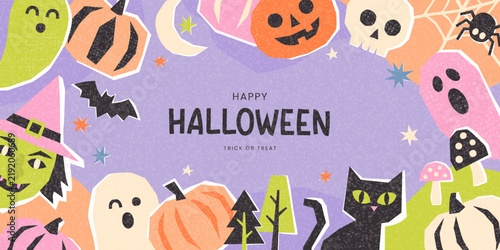Festive Halloween background in paper-cut style with grainy texture, featuring pumpkins, ghosts, witch and cat. Cute frame design for autumn party invitation and seasonal banner, vector illustration.