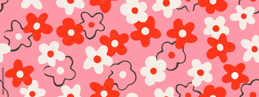Obraz premium Seamless floral pattern with retro flowers in flat and line art style in pink, red and white colors. Groovy design for summer textile, wrapping paper and trendy wallpaper, vector illustration.