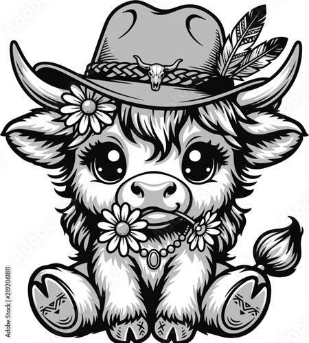 Cute cartoon highland cow calf wearing a cowboy hat and holding a daisy in its mouth with highland illustration monochrome character adorable livestock whimsical