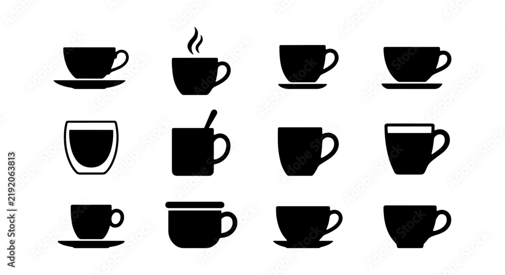 Fototapeta premium 12 Black Coffee Cup Icons, Hot Beverage Mugs, Espresso & Tea Set, Vector Graphics