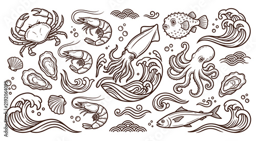 Konstfotografi Marine life set with ocean creatures in line art style.