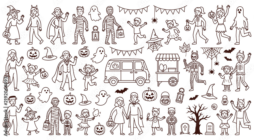 Fototapeta premium Halloween characters in costumes and spooky decorations.