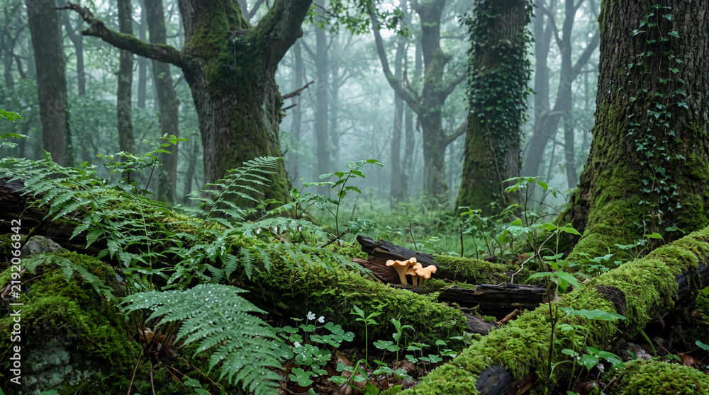 Fototapeta premium Misty ancient woodland floor with moss covered logs, ferns, ivy clad trees and wild mushrooms in a lush green temperate rainforest after rainfall