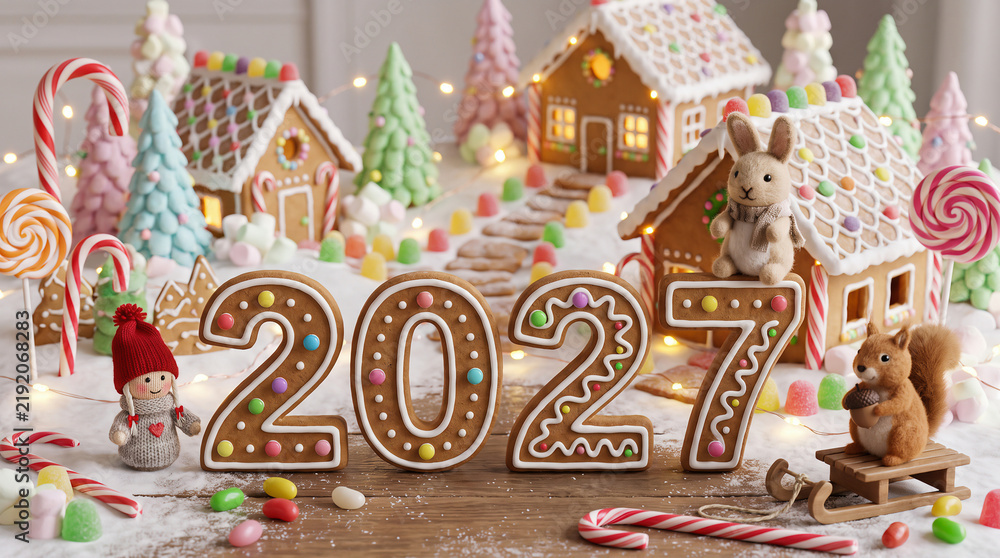 Obraz premium Festive gingerbread village with year 2027 numbers candy canes and cute toy animals for new year celebration