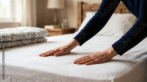 Person making a bed with white sheets and a patterned duvet