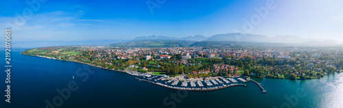 Aerial view of Thonon les Bains town marina at Geneva lake in France