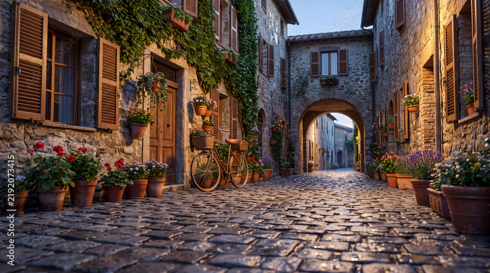 Fototapeta premium Charming old stone village street with cobblestone lane, wooden shutters, potted flowers, vintage bicycle, and warm evening light beneath an archway