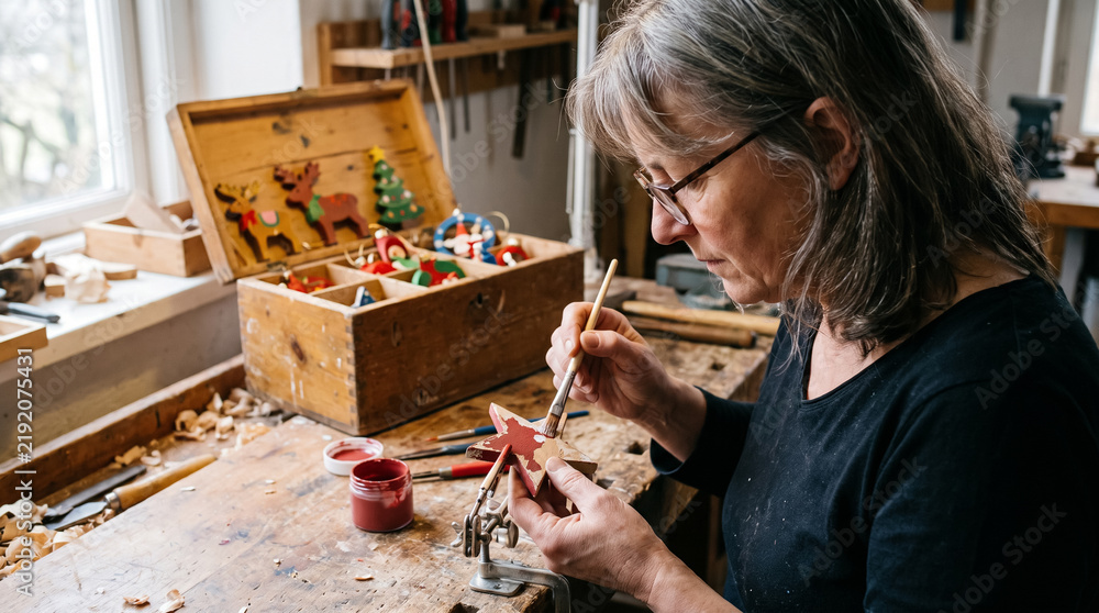 Fototapeta premium Senior woman artisan painting and restoring wooden christmas holiday ornament in workshop. Concept of chipped, wood carving, wood restoration.
