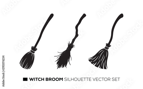 Witch broom silhouette vector set for Helloween magic party graphic decoration.