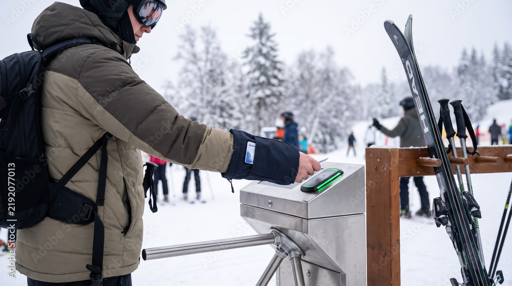 Obraz premium Skier Scanning Contactless Ski Pass at Turnstile Gate Before Winter Slope Admission. Concept of ticketing, presents, rider, ski resort, rfid card.