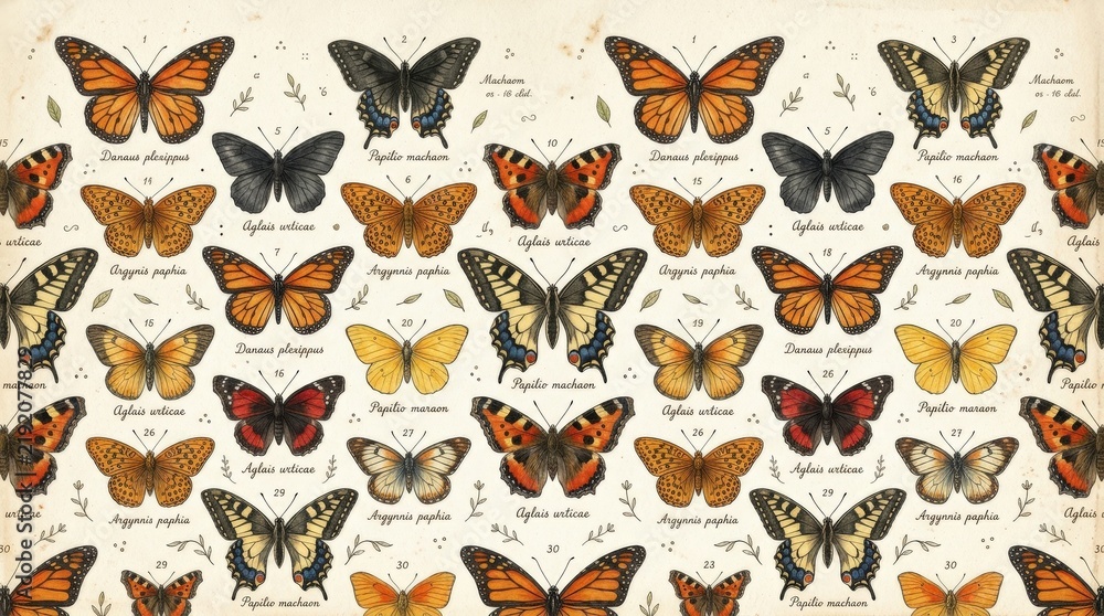 Obraz premium Vintage butterfly collection arranged across a cream background, hand-painted illustration featuring monarch-orange, charcoal black, warm yellow and red wings, naturalistic details, small scattered