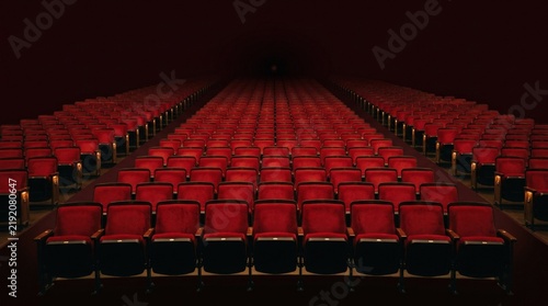 Rows of empty red auditorium or theater seats viewed straight on, minimalist architectural photography, saturated crimson palette, repeating geometric pattern, low warm lighting, subtle texture,