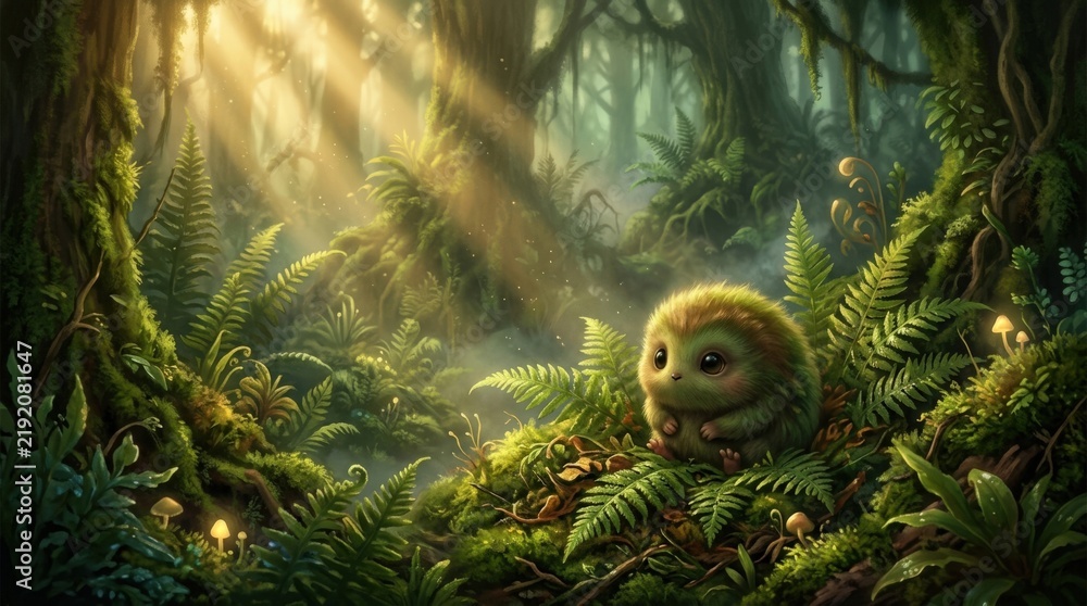Obraz premium Tiny round creature hidden among lush ferns under golden sun rays, cinematic fantasy illustration, deep moss-green forest, volumetric light, soft fur texture, atmospheric mist and enchanting