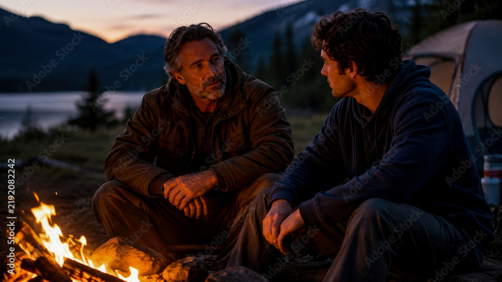 Obraz premium Two adult men sitting together by warm campfire during dusk in scenic mountain landscape with lake, tent, and hills visible in background.