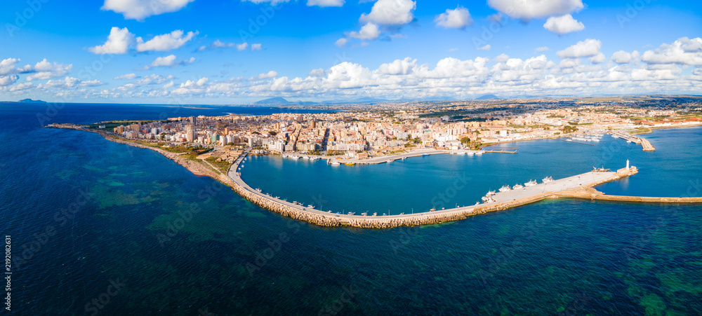 Naklejka premium Marsala city port aerial panoramic view, Sicily