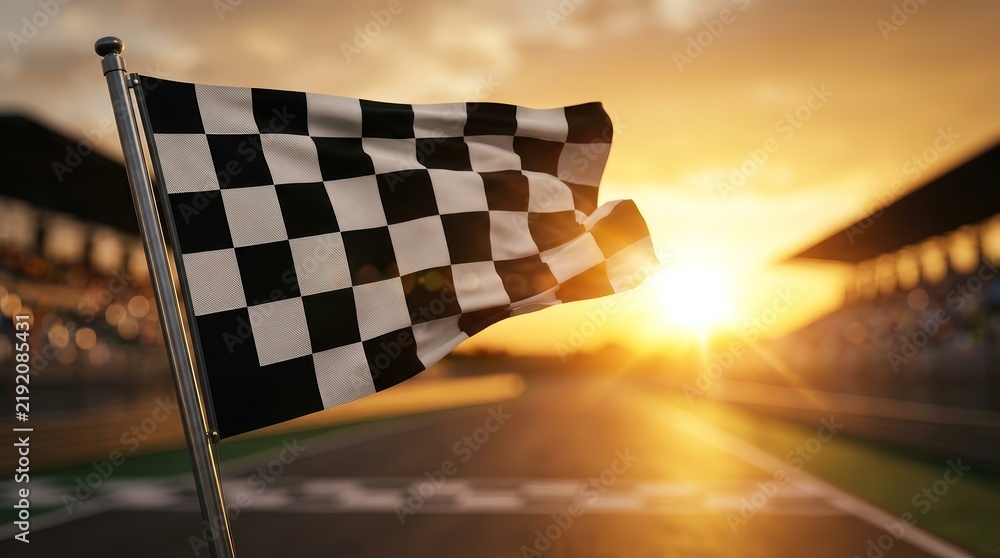 Obraz premium A checkered flag waves at the race car rally finish line during a beautiful sunset.
