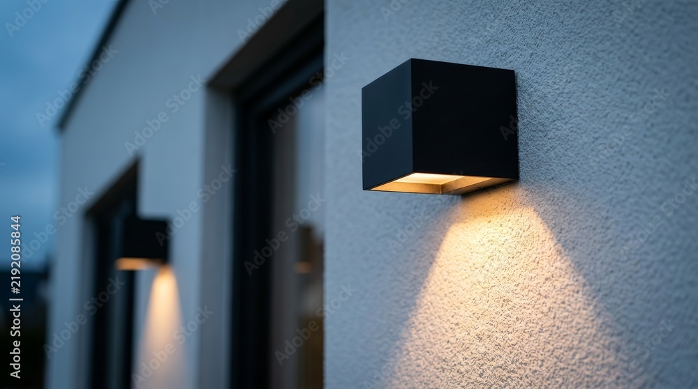 Obraz premium Two modern black cube outdoor wall lights illuminating a textured building exterior.
