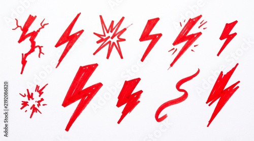 Set of hand drawn red lightning bolt shapes and electric flash icons for creative design projects and art