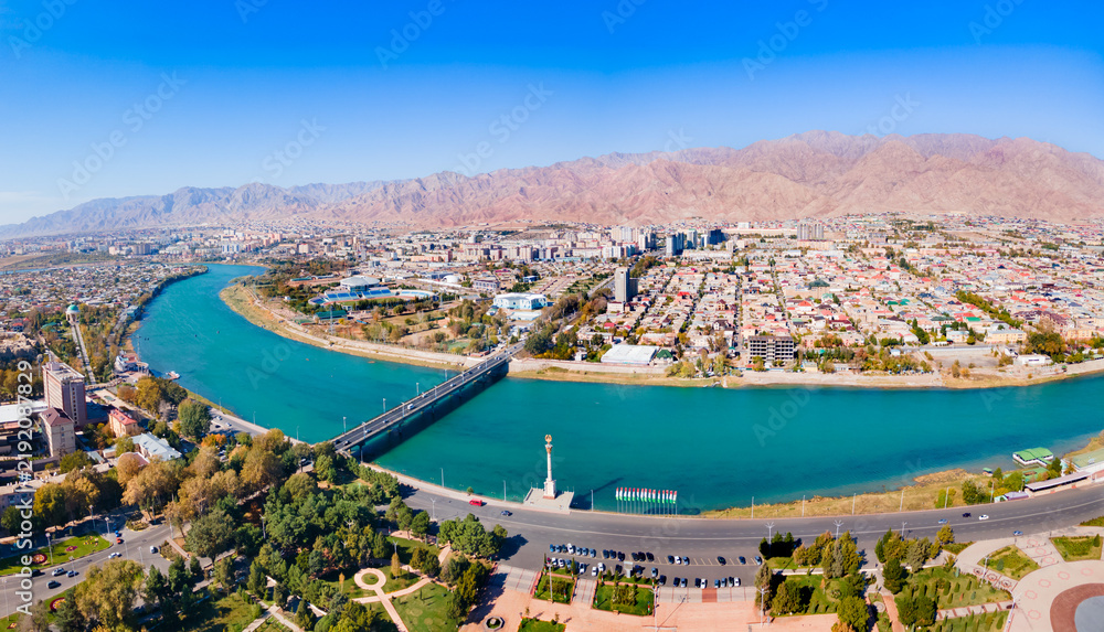 Fototapeta premium Khujand city aerial panoramic view in Tajikistan