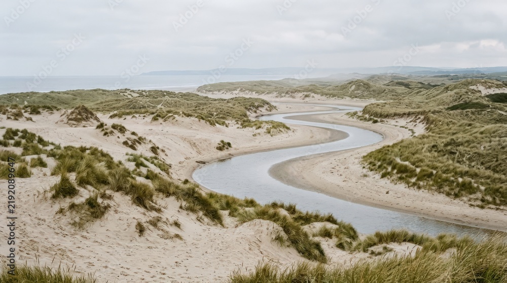 Fototapeta premium Winding tidal stream meandering through pale coastal dunes, serene landscape photography, muted beige sand, soft gray water and sparse olive grasses, overcast diffuse light, gentle atmospheric haze,