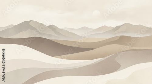 Minimal layered desert landscape with softly overlapping sand-colored hills and distant gray-beige mountains, elegant abstract nature illustration, muted taupe, cream and warm stone palette,