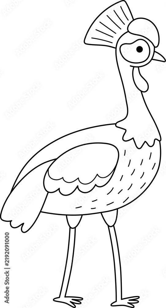 Fototapeta premium Vector cartoon black and white crowned crane. African or safari animal clipart. Cute savannah bird icon for kids. Line savanna element. Africa wildlife illustration, coloring page