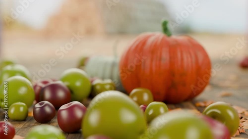 Autumn harvest background. Autumn composition: pumpkin, apple. An autumn harvest arrangement on a rustic wooden surface, creating a sense of warmth.