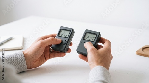 Hands comparing two digital thermometers on a clean white table indoors