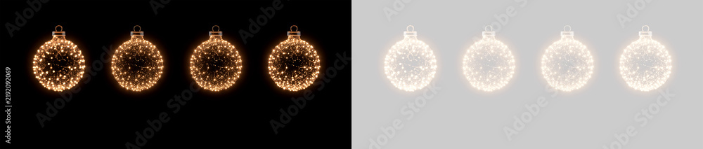 Obraz premium Golden Christmas baubles made of light particles. Sparkling holiday ornaments isolated on black and transparent backgrounds. Festive magic design elements