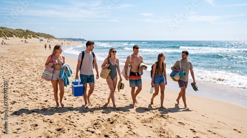 Group of friends enjoying a sunny day walking along a sandy beach with the ocean waves in the background