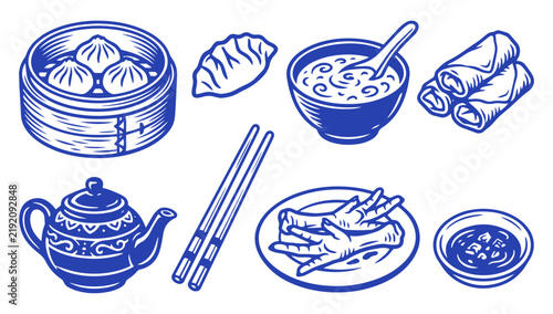 set of traditional chinese dim sum food illustrations in blue ink sketch style