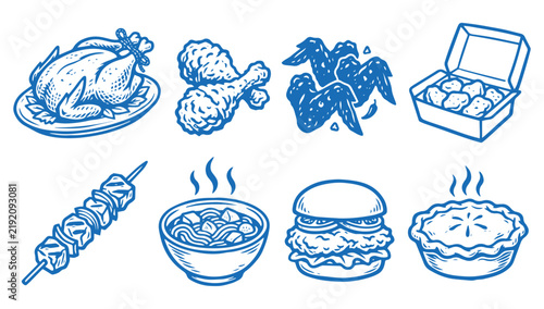 Set of hand drawn fried chicken, burger, soup, and food menu icons illustration
